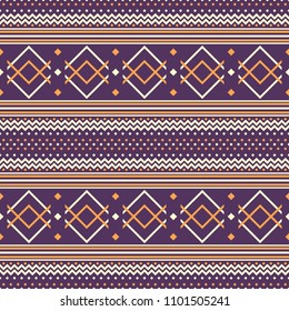 Seamless abstract pattern with zigzag, V shapes and square dots. Folk style geometric ornament violet and orange colors