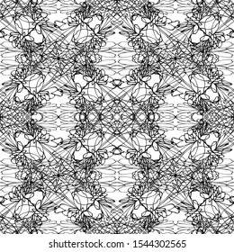 Seamless abstract pattern.Black lace on white background.Black and white graphics. Imitation lace. For design and decoration of fabric, paper, Wallpaper and packaging.Grid pattern.