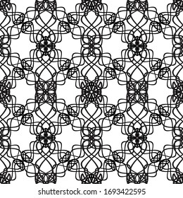 Patrón abstracto sin inconvenientes.Lazo negro sobre fondo blanco.Gráficos en blanco y negro. Lugar de imitación. Para el diseño y la decoración de tela, papel, papel pintado y empaque.Diseño de rejilla.