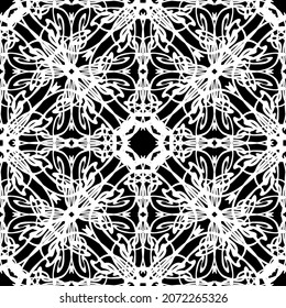 Patrón abstracto impecable.Encaje negro sobre fondo blanco.Gráficos en blanco y negro. Imitación de encaje. Para el diseño y la decoración de tela, papel, papel tapiz y empaque.Patrón de cuadrícula.