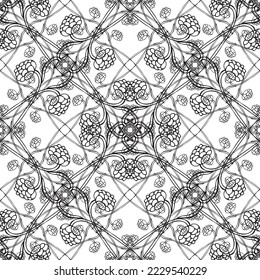 Patrón abstracto impecable.Encaje negro sobre fondo blanco.Gráficos en blanco y negro. Imitación de encaje. Para el diseño y la decoración de tela, papel, papel tapiz y empaque.Patrón de cuadrícula.