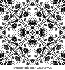 Patrón abstracto impecable.Encaje negro sobre fondo blanco.Gráficos en blanco y negro. Imitación de encaje. Para el diseño y la decoración de tela, papel, papel tapiz y empaque.Patrón de cuadrícula.