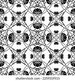 Seamless abstract pattern.Black lace on white background.Black and white graphics. Imitation lace. For design and decoration of fabric, paper, Wallpaper and packaging.Grid pattern.