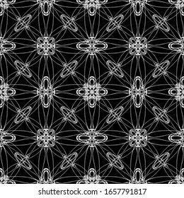 Seamless abstract pattern.Flat design.White pattern on a black background.Black and white graphics.Art Nouveau style.For the design and decoration of fabric, paper, Wallpaper and packaging.