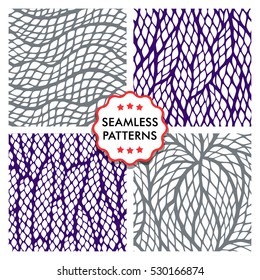Seamless abstract patterns with colorful rhombuses. Set of vector illustrations with leaves, waves, spirals.