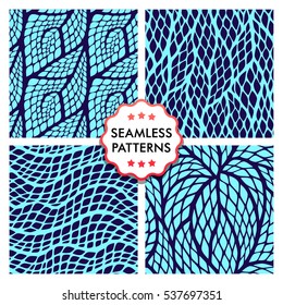 Seamless abstract patterns with colorful rhombuses. Set of vector illustrations with leaves, waves, spirals.