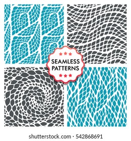 Seamless abstract patterns with colorful rhombuses. Set of vector illustrations with leaves, waves, spirals.
