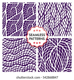 Seamless abstract patterns with colorful rhombuses. Set of vector illustrations with leaves, waves, spirals.