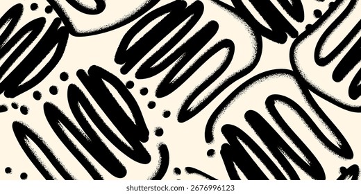 Patrones abstractos sin fisuras, líneas de graffiti dibujadas a mano y texturas de tiza caóticas. Fondo geométrico grunge blanco y negro. Ilustración vectorial