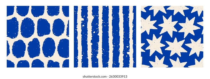 Seamless abstract patterns with hand-drawn stars, stripes, shapes and blobs. Doodle style textures, endless backgrounds, repeating prints for modern trendy textile, fabric design. Vector illustrations
