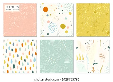 Seamless abstract patterns and prints set. Vector fashion illustration pastel colors.