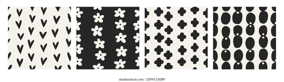 Seamless abstract patterns set. Black and white texture designs with tiny hearts, doodle style flowers, shapes. Modern repeatable print for textile, wallpaper, wrapping paper. Flat vector illustration
