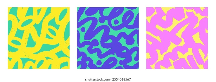 Seamless abstract patterns set with bold scribbles, dynamic brushstrokes. Endless background, texture, repeating print, freehand doodles for textile, wrapping design. Colored flat vector illustration