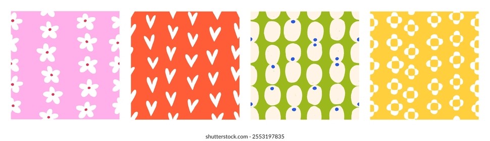 Patrones abstractos sin fisuras con flores y corazones en estilo simple e ingenuo moderno. Texturas florales, interminables fondos de verano, estampados repetitivos para tela, textil. Ilustración vectorial plana de color