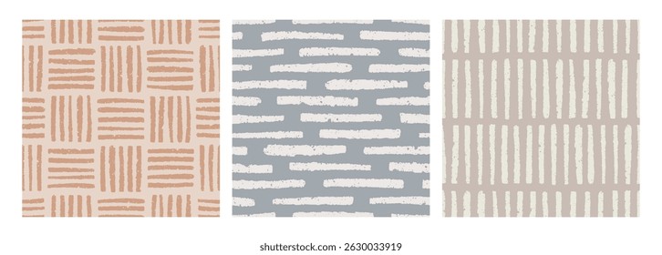 Seamless abstract patterns set in modern style. Doodle stripes, scribble lines, crosshatch prints, endless textures for modern textile, wallpaper, wrapping design. Hand-drawn vector illustration