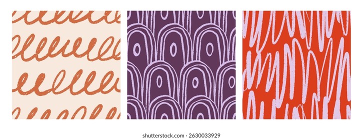 Seamless abstract patterns set. Modern freehand doodle style textures, organic scribbles. Endless background, repeating print for textile, wallpaper, wrapping design. Hand-drawn vector illustrations