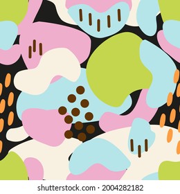 Seamless abstract pattern-spots in trendy colors pink, blue, green, beige and small elements on a black background, For fabric, textiles, wallpaper, packaging, website, banners. Vector eps10