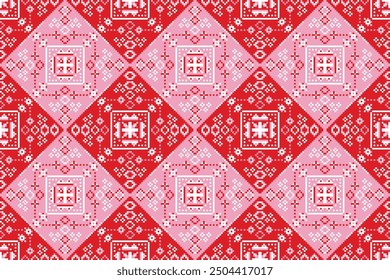 Seamless abstract pixel pattern with floral and geometric designs in pink and red, perfect for wallpaper or fabric decoration