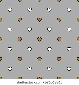 Seamless abstract polka dot pattern with small staggered golden and white hearts with black stroke on silver gray background.