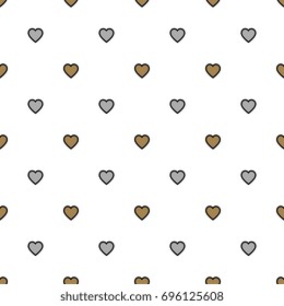 Seamless abstract polka dot pattern with small staggered golden and silver hearts with black stroke on white background.