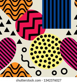 Seamless abstract polka dots, zigzag lines, stripe vector patterns. Vintage fashion style.