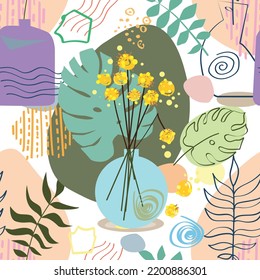 Seamless abstract posters with vases. Trendy still life collage with pot, fruit, vase and tropical palm leaf