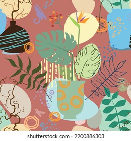 Seamless abstract posters with vases. Trendy still life collage with pot, fruit, vase and tropical palm leaf