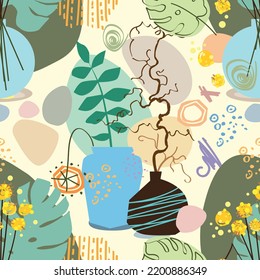 Seamless abstract posters with vases. Trendy still life collage with pot, fruit, vase and tropical palm leaf