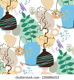 Seamless abstract posters with vases. Trendy still life collage with pot, fruit, vase and tropical palm leaf
