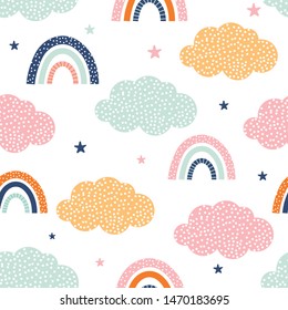 Seamless abstract rainbows and clouds design, texture print for fabric, wrapping, hijab design, textile, wallpaper, apparel. Vector illustration