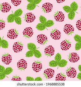 Seamless abstract raspberry pattern. Vector summer illustration with berries and leaves.	