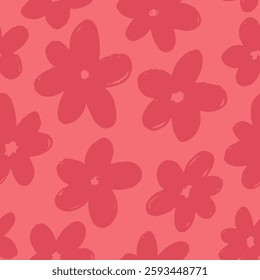 Seamless abstract red floral pattern with naive wild flowers. Daisy ditsy print. Simple Scandinavian style. Vector illustration