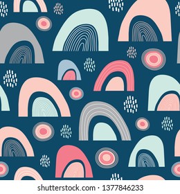 Seamless abstract repeat pattern of sunshine, rain and rainbows. A happy vector geometric design ideal for children.