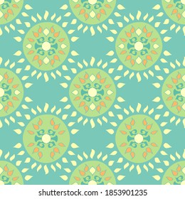 Seamless abstract repeatable pattern of shapes in a half drop formation in soft duck egg blue and green. Pretty and intricate and great for muted fabric print or wallpaper design. Contemporary palette