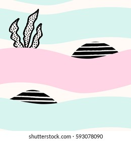 Seamless abstract repeating pattern with black geometric shapes, hand drawn elements and waves in pastel colors on white background.