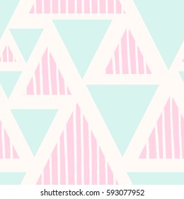 Seamless Abstract Repeating Pattern With Triangle Shapes In Pastel Pink And Blue And Hand Drawn Striped Texture On Cream Background.