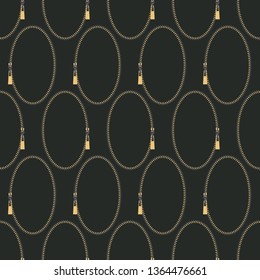 Seamless abstract retro geometric pattern with rows of gold zipper ovals and sliders in yellow, grey and black. Ideal for fashion, gift, paper, scrapbooking and fabric.