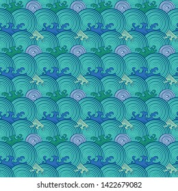 Seamless abstract retro geometric pattern. Illustration of turquoise, aqua, indigo, lilac, blue and purple circular elements and swirly waves in overlapping layout. Ideal for fashion, gift, paper,