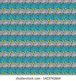 Seamless abstract retro geometric pattern. Illustration of turquoise, aqua, yellow, lilac and purple circular elements and swirly waves in overlapping layout. Ideal for fashion, gift, paper, scrapbook