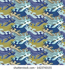Seamless abstract retro geometric pattern. Illustration of turquoise, aqua, indigo, blue and purple swirly wave elements in overlapping layout. Ideal for fashion, gift, paper, scrapbooking and fabric.