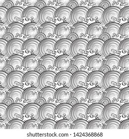 Seamless abstract retro geometric pattern. Illustration of black and white circular elements and swirly waves in overlapping layout. Ideal for fashion, gift, paper, scrapbooking and fabric.