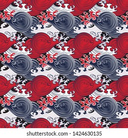Seamless abstract retro geometric pattern. Illustration of red, black, white and cream circular elements and swirly waves in overlapping layout. Ideal for fashion, gift, paper, scrapbooking and fabric
