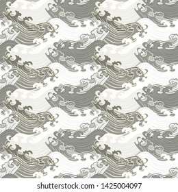 Seamless abstract retro geometric pattern. Illustration of grey, sage, cream and white swirly wave elements in overlapping layout. Ideal for fashion, gift, paper, scrapbooking and fabric.