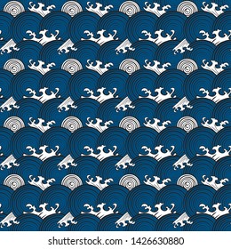 Seamless abstract retro geometric pattern. Illustration of white, black and indigo circular elements and swirly waves. Ideal for fashion, gift, paper, scrapbooking and fabric.