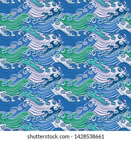 Seamless abstract retro geometric pattern. Vector illustration of stylized blue, green, aqua and crem swirly waves. Ideal for fashion, gift, paper, scrapbooking and fabric.