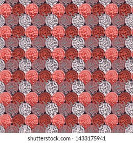 Seamless abstract retro geometric pattern. Illustration of orange, grey, sage and cream circular elements and swirly waves. Ideal for fashion, gift, paper, scrapbooking and fabric.