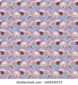 Seamless abstract retro geometric pattern. Illustration of cream, lilac, aqua and brown circular elements and swirly waves. Ideal for fashion, gift, paper, scrapbooking and fabric.