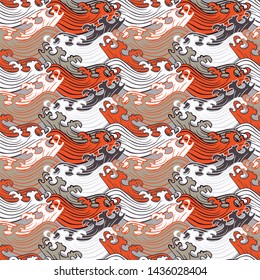 Seamless abstract retro geometric pattern. Illustration of sage, coral, orange and white circular elements and swirly waves. Ideal for fashion, gift, paper, scrapbooking and fabric.