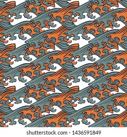 Seamless abstract retro geometric pattern. Illustration of sage, orange and white elements and swirly waves. Ideal for fashion, gift, paper, scrapbooking and fabric.