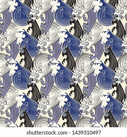 Seamless abstract retro geometric pattern. Illustration of indigo, lilac, black, cream and white elements and swirly waves. Ideal for fashion, gift, paper, scrapbooking and fabric.